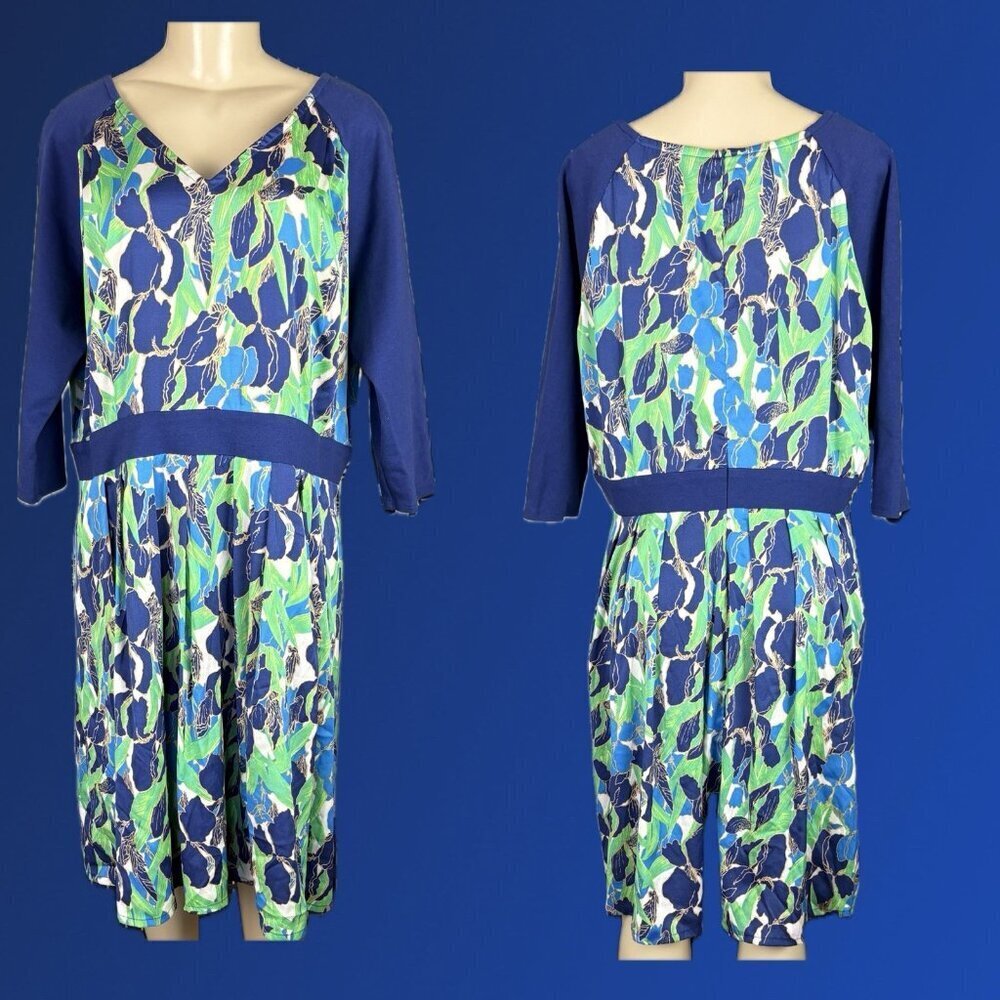 Joe Zee XL Blue-Green Abstract Floral V-Neck 3/4 Raglan Sleeve Below Knee Dress